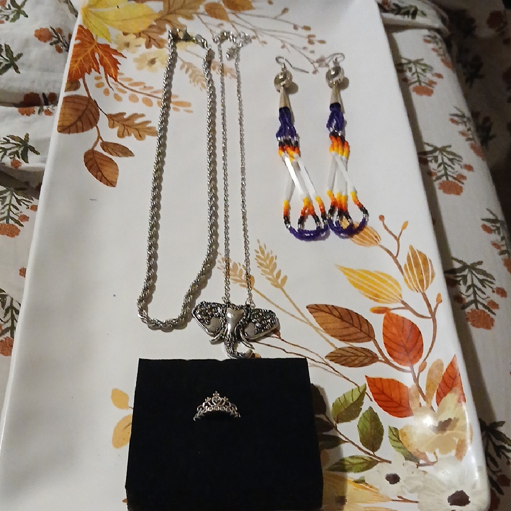 Silver Necklaces and Earring Set, One Stainless Steel Crown Ring Size 6